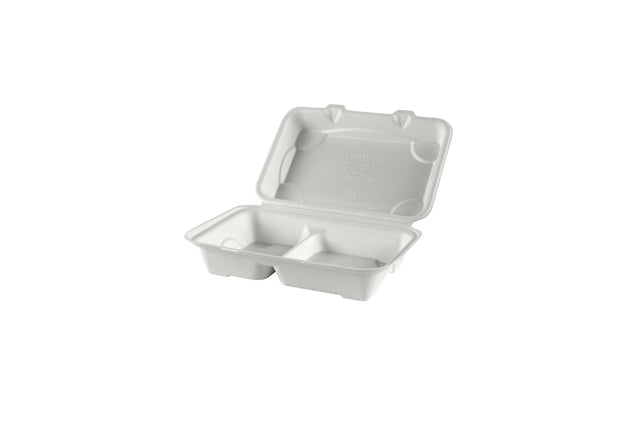 1000/600 ml Bagasse 2-Fächer-Foodbox mit Klappdeckel 1000/600 ml Bagasse 2-Fächer-Foodbox mit Klappdeckel