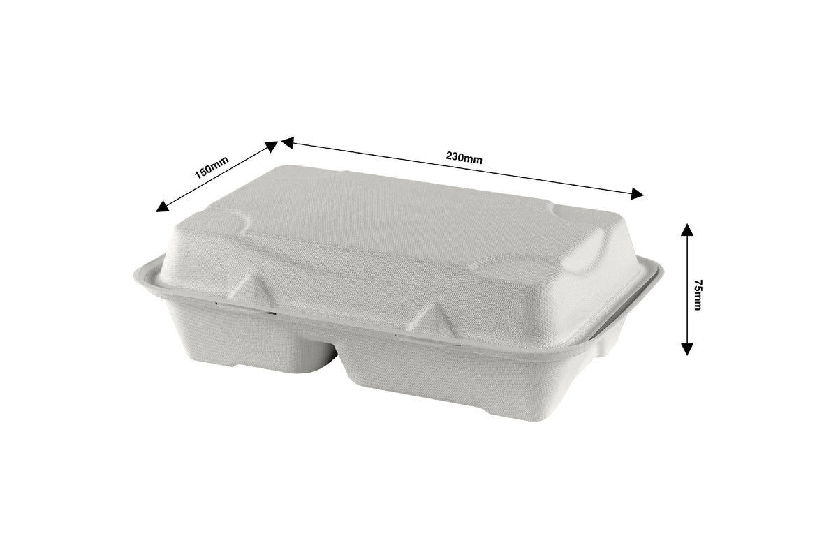 1000/600 ml Bagasse 2-Fächer-Foodbox mit Klappdeckel