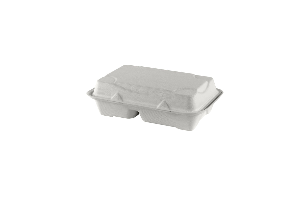 1000/600 ml Bagasse 2-Fächer-Foodbox mit Klappdeckel